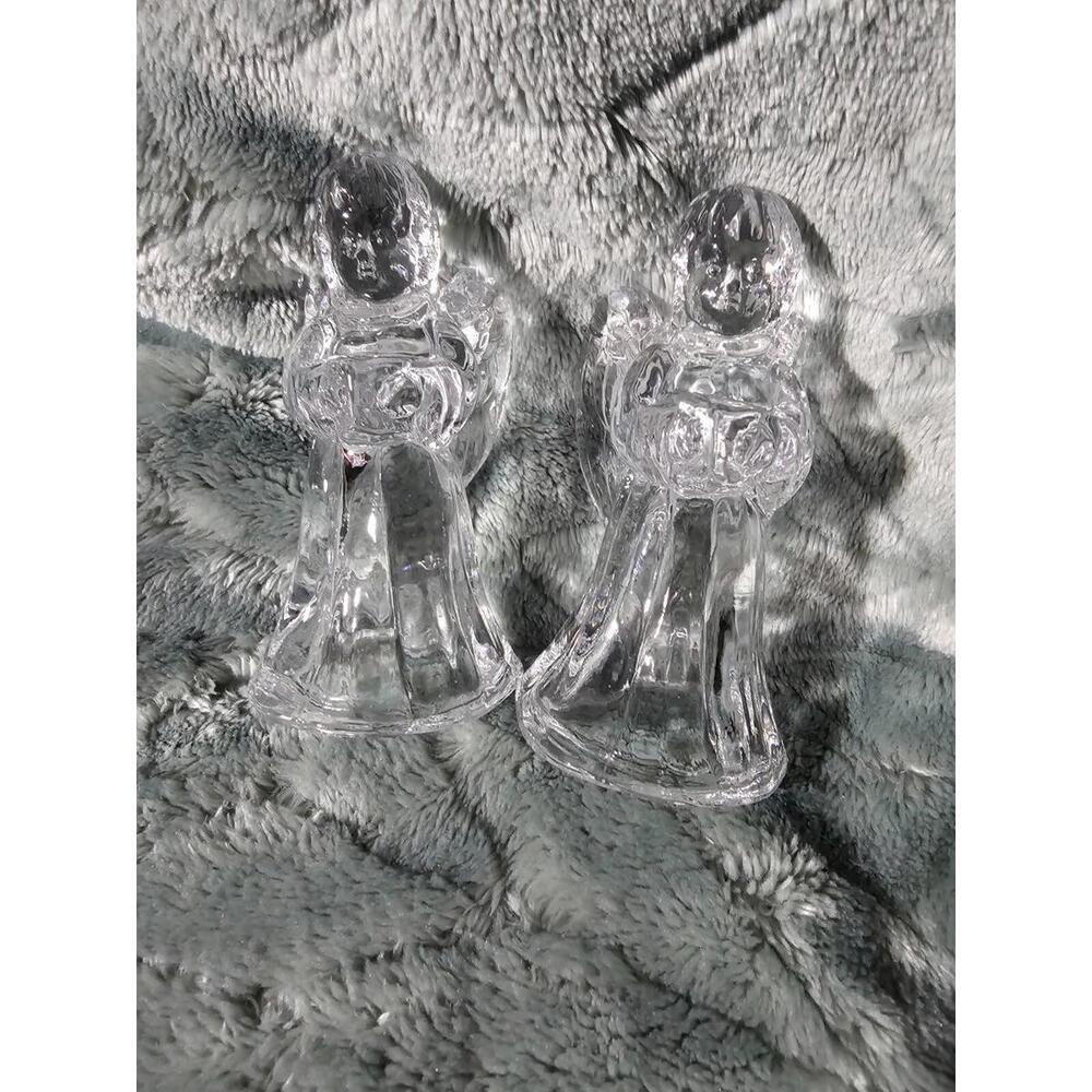 Vintage Madison Avenue Set of Two Angel Candlesticks Holder Glass Crytal Cut 4''